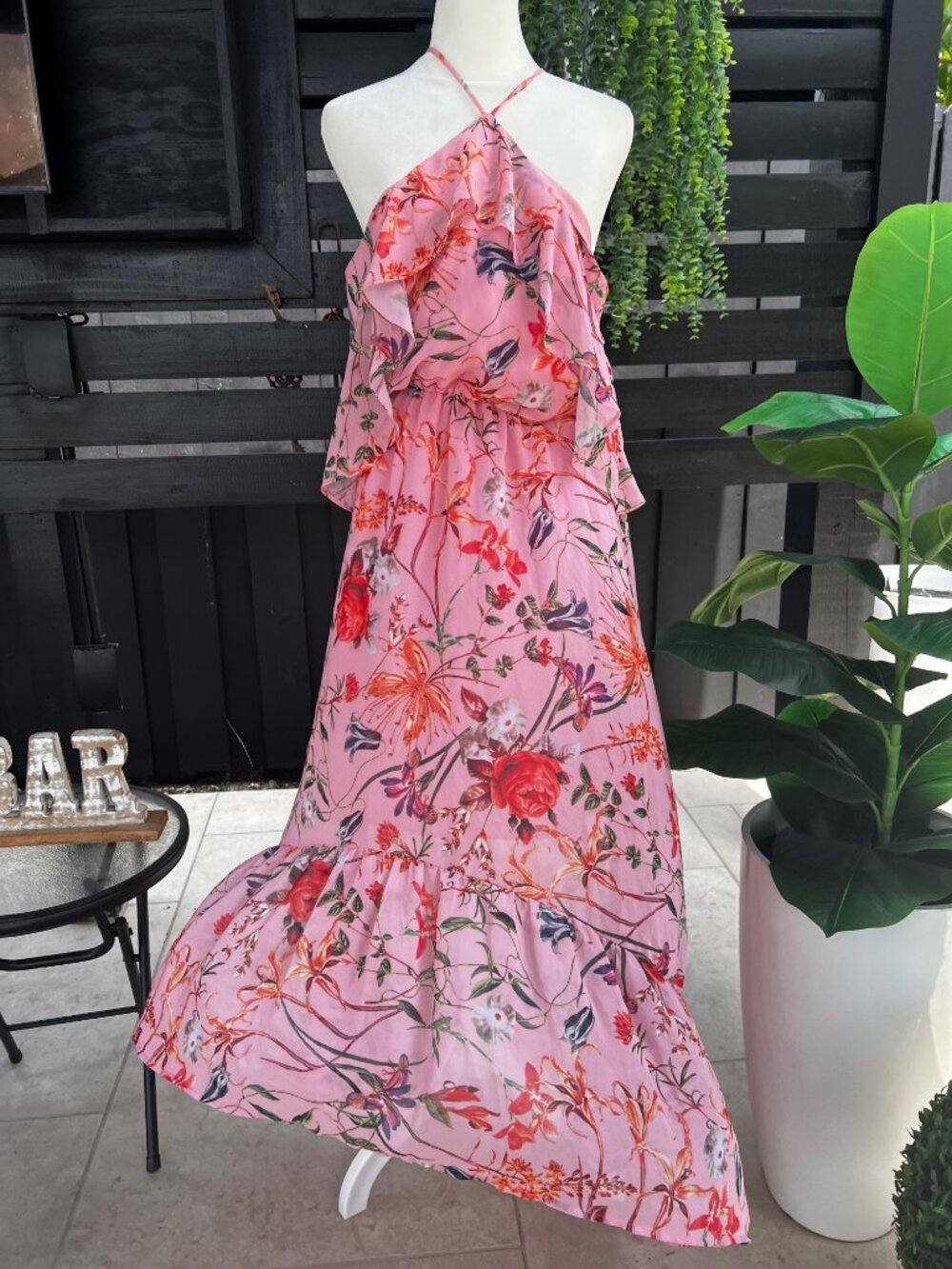 WOmens Pink Floral Print Maxi Dress Flowy Off Shoulder Halter Boho Summer MED